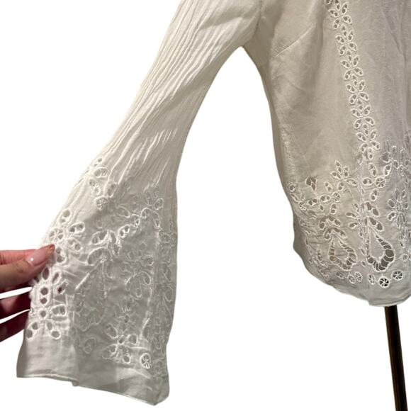 Johnny Was Jade White Embroidered Eyelet Silk Cotton Boho Long Sleeve Top Medium - Picture 3 of 10